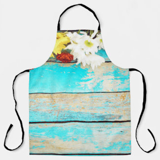 Delantal Flores coloridas, bordes de madera vintage.