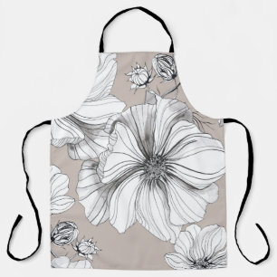 Delantal Flores Cosmos: Patrón de dibujo botánico.