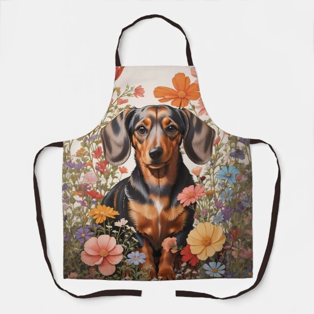 Delantal Flores Cute Brown Dachshund Y Cosmos (Anverso)