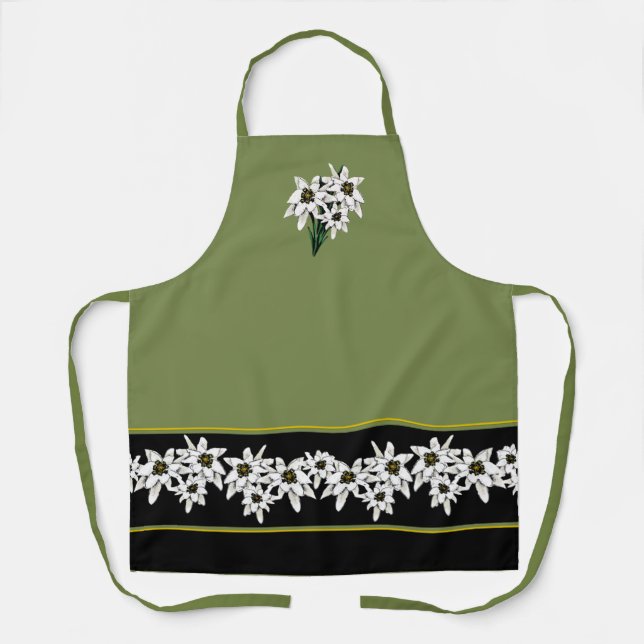 Delantal Flores de edelweiss verdes y negras: Apron adulto (Anverso)