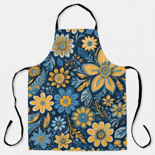 Delantal Flores de época Diseño Azul Hippie Retro Amarillo 