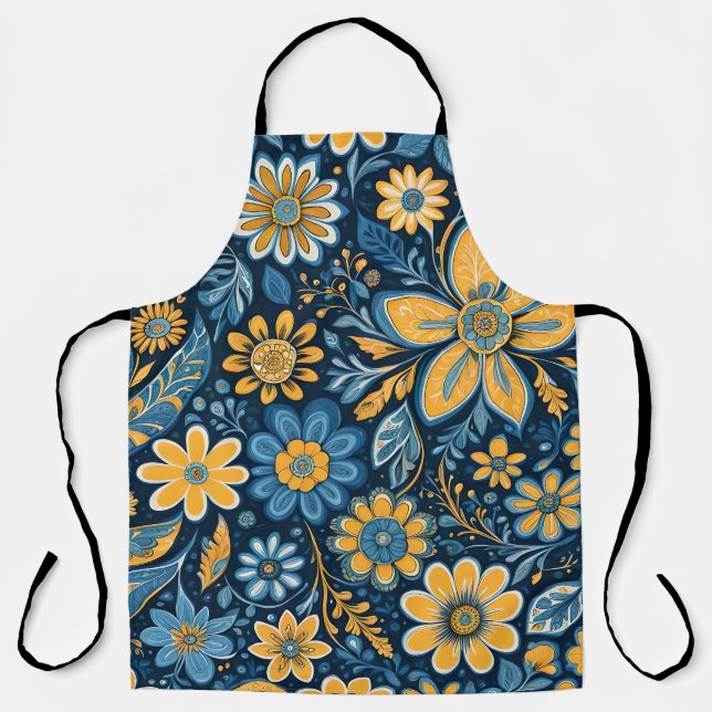 Delantal Flores de época Diseño Azul Hippie Retro Amarillo  (Anverso)