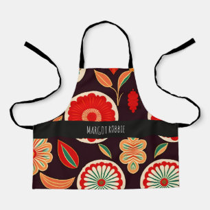 Delantal Flores de época Patrón floral rojo oscuro