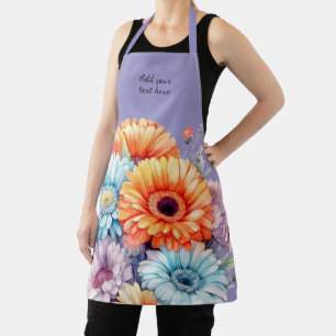 Delantal Flores de gerbera texto personalizado morado