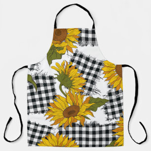 Delantal Flores de girasol brillantes en parches a cuadros.