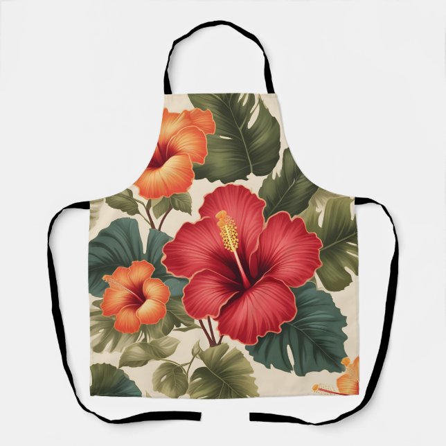 Delantal Flores de Hibiscus Tropical Retro (Anverso)