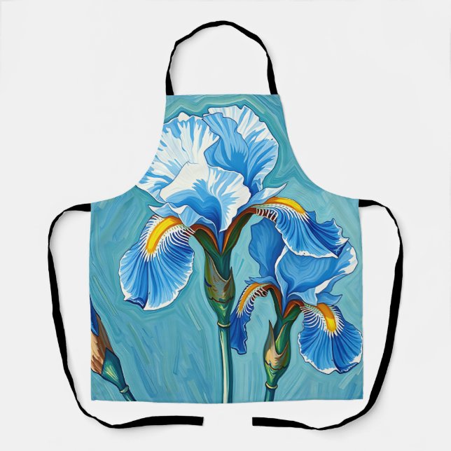 Delantal Flores de Iris Azul Patrón Artístico (Anverso)