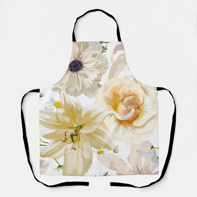 Delantal Flores de jardín. Lentira mágica, rosa, anémona. (Anverso)