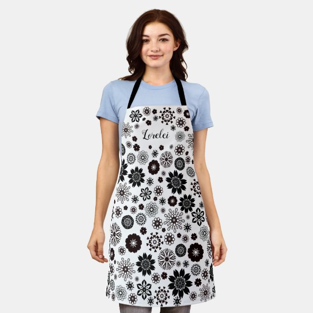 Delantal Flores de mandarala en blanco y negro personalizab (Gastado)