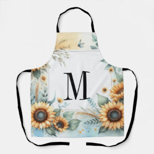 Delantal Flores de otoño y girasoles acuarela con monograma