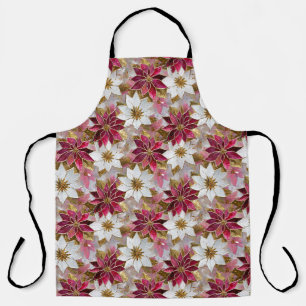 Delantal Flores de Pascua Burgundy Rosa Oro Blanco Navidad