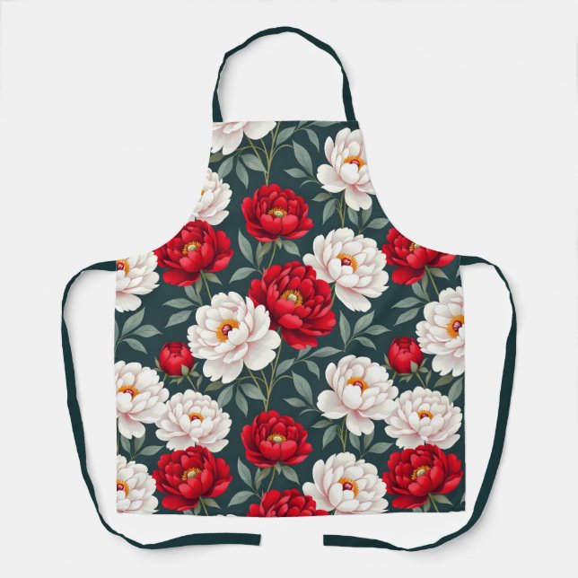 Delantal Flores de peonía rojas y blancas (Anverso)
