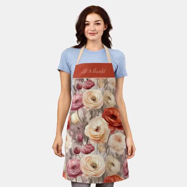Delantal Flores de Ranunculus rojas rosadas crema   (Gastado)