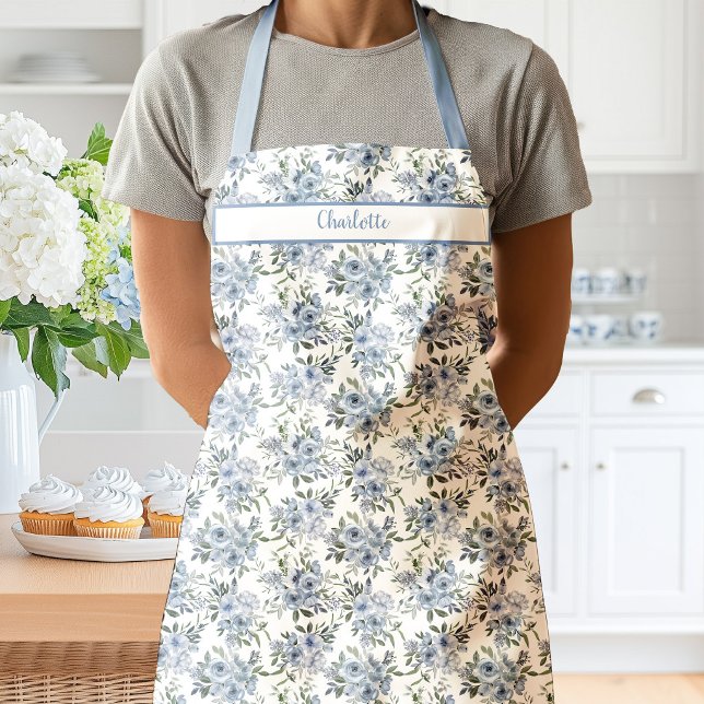 Delantal Flores de Rosas de Acuarela Azul (Charlotte Blue Roses Apron)