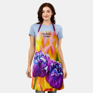 Delantal Flores de tulipanes amarillos y violetas elegantes