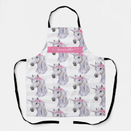 Delantal Flores de Unicornio Adorable en Fondo de Raya en l