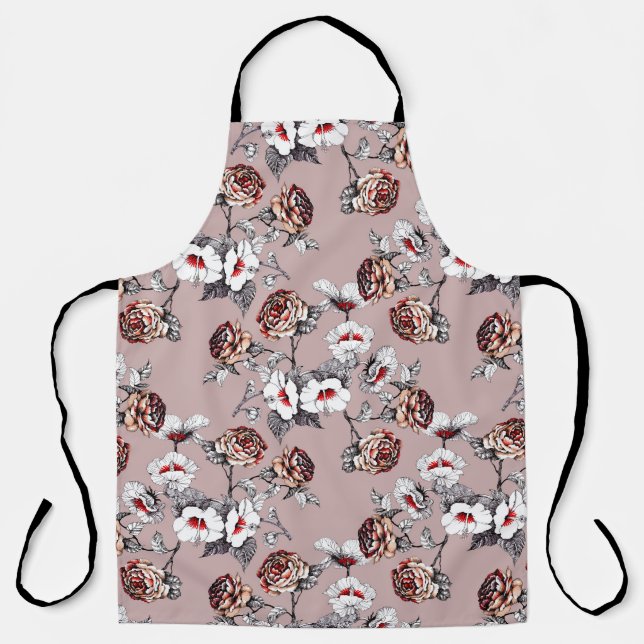 Delantal Flores dibujadas a mano, acuarela rosa. (Anverso)