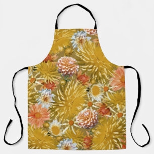 Delantal Flores doradas de dalia, diseño floral vintage.