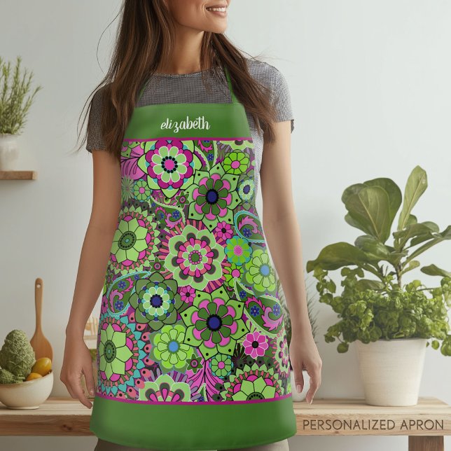 Delantal Flores Funky Retro - Verde Rosa con nombre de guió (Personalized Apron)