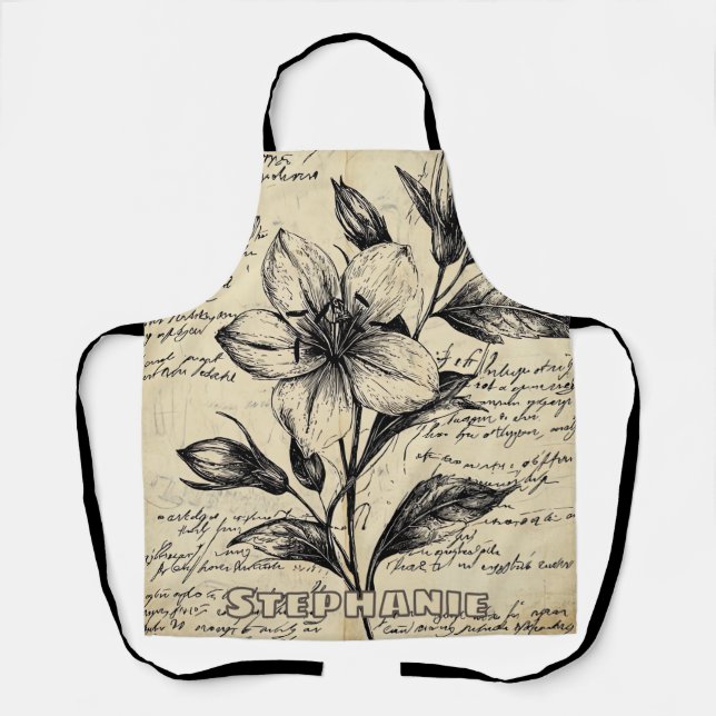 Delantal Flores Marrón Antiguo Caligrafía Pergamino (Anverso)