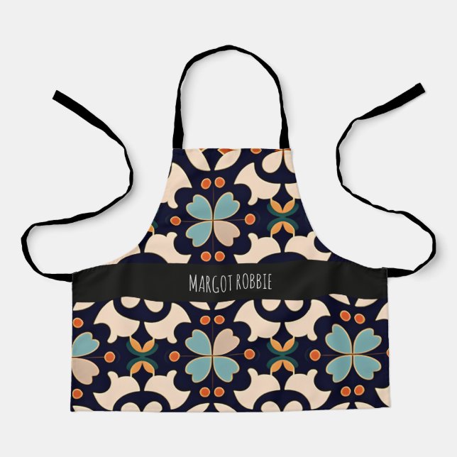 Delantal Flores Naranja azul isométrico Patrón retro floral (Anverso)