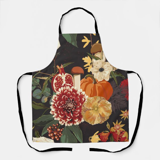 Delantal Flores otoñales, hierbas y setas. (Anverso)