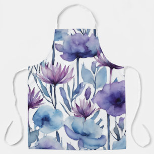 Delantal Flores Púrpura Y Azul Acuarela Diseño Floral