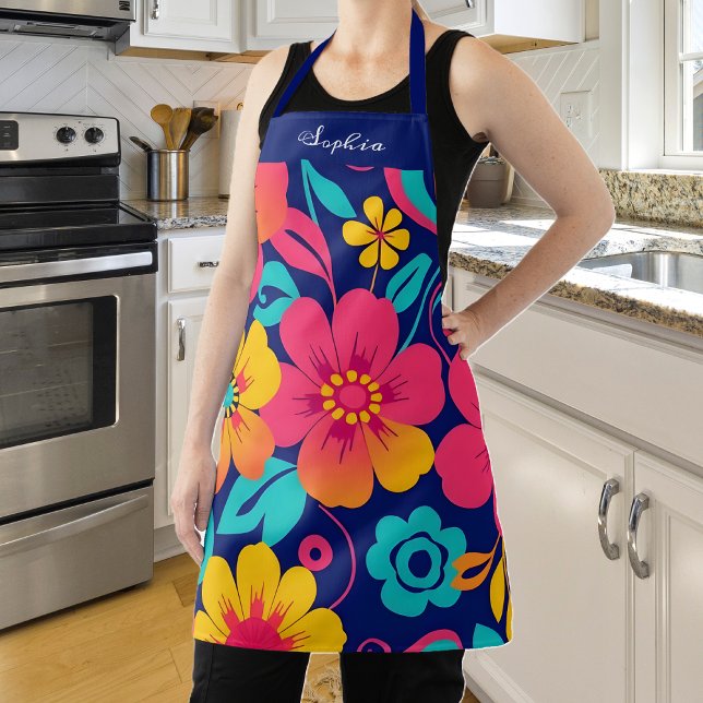Delantal Flores retro brillantes y audaces - Estilo dopamin (Bright and Bold Retro Flowers-Dopamine Style Apron)