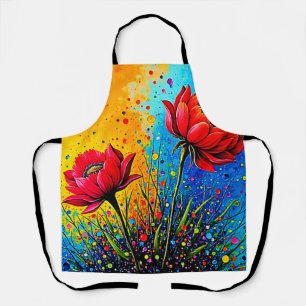 Delantal Flores Rojas Vibrantes Impresión de Arte Pop