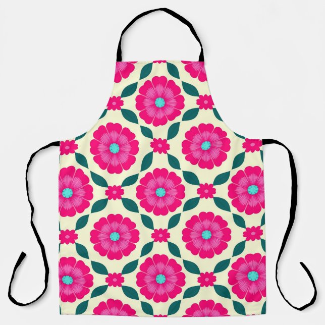 Delantal Flores rosadas con centros azules y hojas verdes (Anverso)