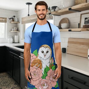Delantal Flores rosadas de búho barn azul