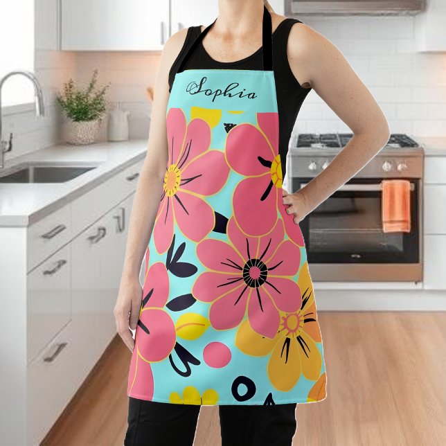 Delantal Flores rosas y amarillas al estilo azul celeste-do (Pink & Yellow Blossoms on Sky Blue-Dopamine Style Apron)