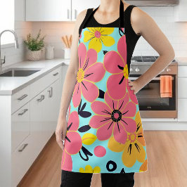 Delantal Flores rosas y amarillas al estilo azul celeste-do