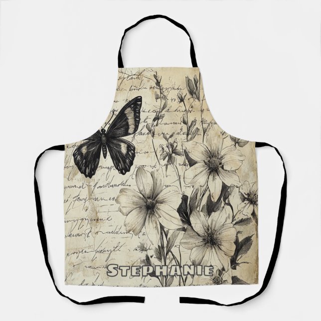 Delantal Flores Rústicas y Mariposa - Papel Envejecido (Anverso)