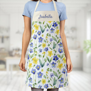Delantal Flores silvestres acuarela azul amarillo nombre pe