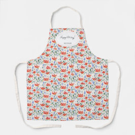 Delantal Flores Silvestres Acuarela En Rojo Y Azul Dulce