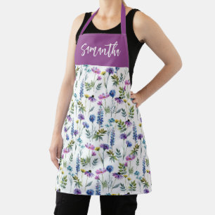 Delantal Flores Silvestres Acuarela Morado Azul Nombre Pers
