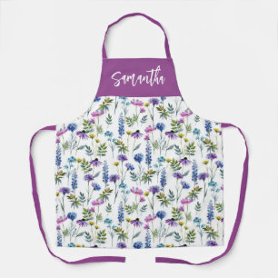 Delantal Flores Silvestres Acuarela Morado Azul Nombre Pers