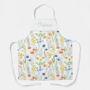 Delantal Flores silvestres acuarela verde amarillo nombre p