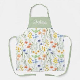 Delantal Flores silvestres acuarela verde amarillo nombre p