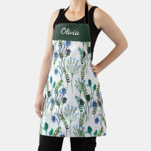 Delantal Flores silvestres acuarela verde azul nombre perso
