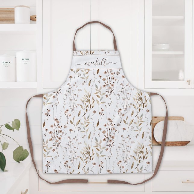 Delantal Flores silvestres de color marrón monogramado hoja (In situ)