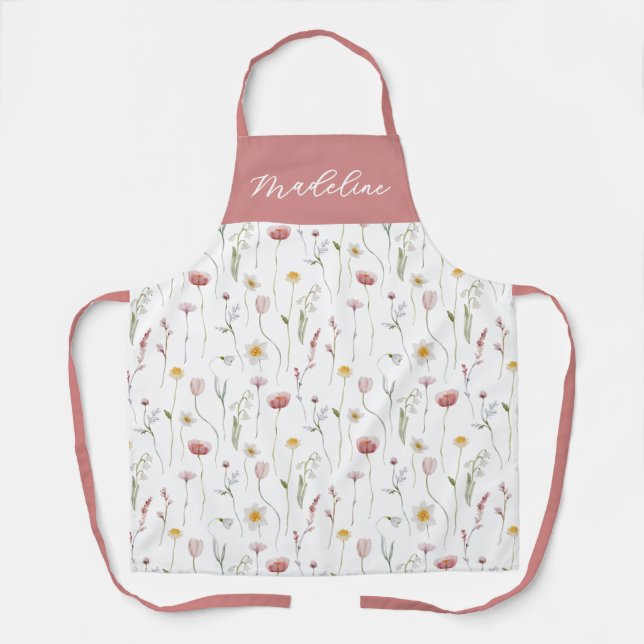 Delantal Flores silvestres en acuarela rosa polvoriento con (Anverso)