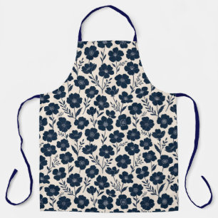 Delantal Flores silvestres monocromas limpias en azul marin
