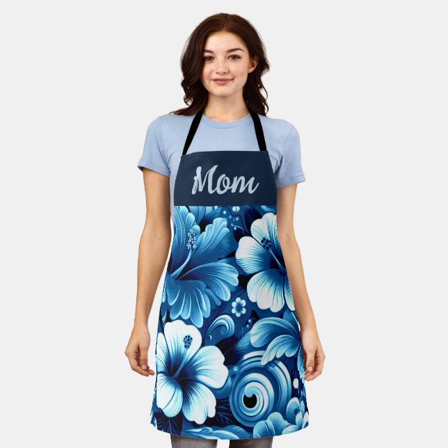 Delantal Flores tropicales hawaianas Patrón azul Hibiscus (Gastado)