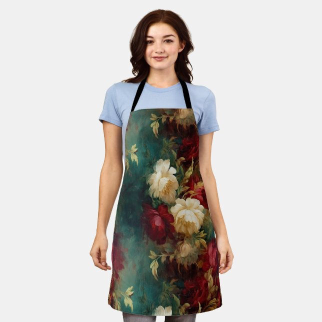 Delantal Flores verdes rojas rojas y blancas (Gastado)