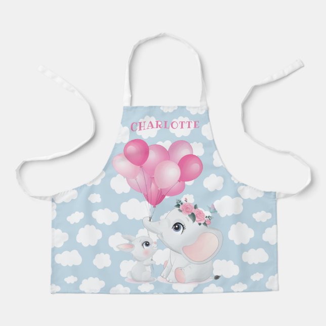 Delantal Flores y globos de elefante y conejito (Anverso)