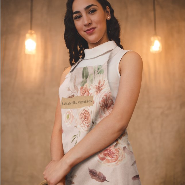 Delantal Flores y Kraft rosados pasteles modernos personali (Subido por el creador)