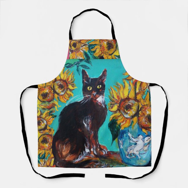 DELANTAL FLUJOS CON GATO NEGRO EN TURQUÍA AZUL (Anverso)