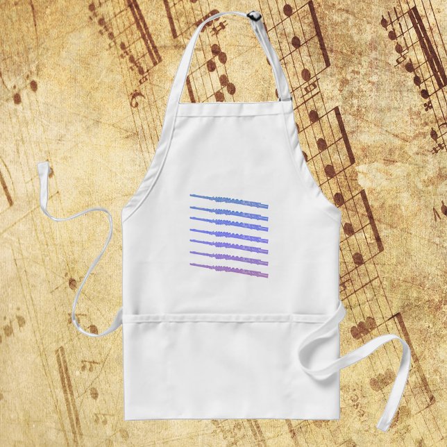 Delantal Flutes Musical Rosa Azul Púrpura (An apron with blue, pink and purple flutes.)
